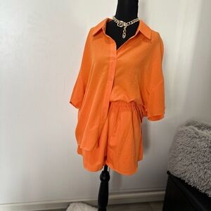 Vibrant Orange Button-Up Shirt and Shorts Set